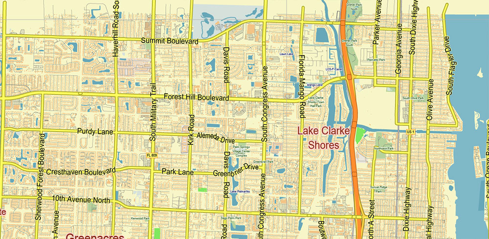 Lake Worth - Pompano Beach Florida US PDF Vector Map: Low Detailed Street Map (for small print size), editable Adobe PDF in layers