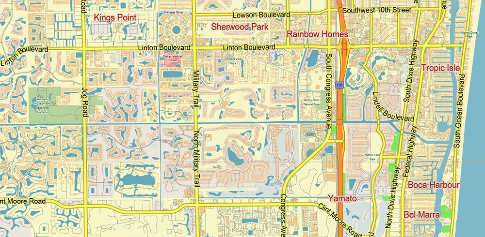 Lake Worth - Pompano Beach Florida US PDF Vector Map: Low Detailed Street Map (for small print size), editable Adobe PDF in layers