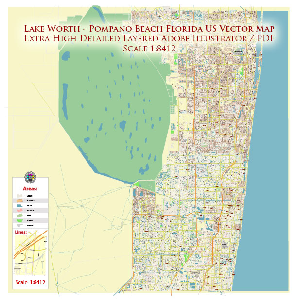 Lake Worth - Pompano Beach Florida US Map Vector Extra High Detailed Street Map editable Adobe Illustrator in layers