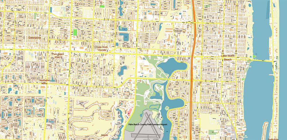 Lake Worth - Pompano Beach Florida US PDF Vector Map: Extra High Detailed Street Map editable Adobe PDF in layers