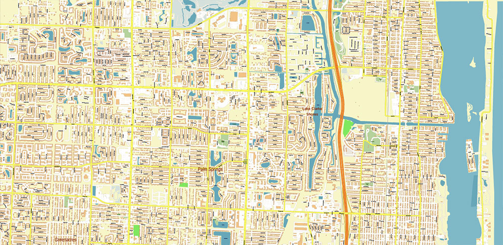 Lake Worth - Pompano Beach Florida US PDF Vector Map: Extra High Detailed Street Map editable Adobe PDF in layers