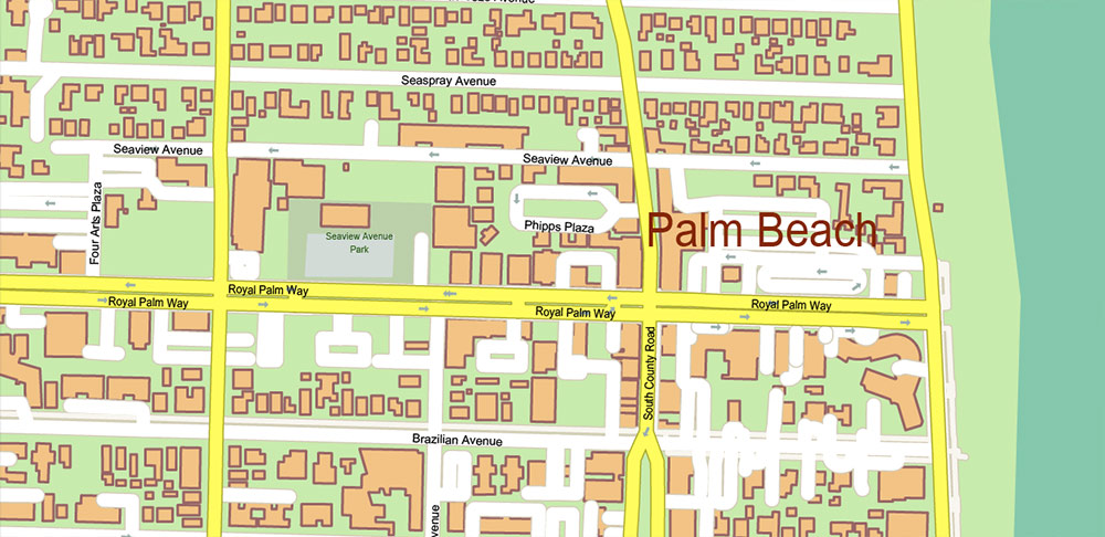 Palm Beach County Florida US PDF Vector Map: Extra High Detailed Street Map + zipcodes + counties areas, editable Adobe PDF in layers