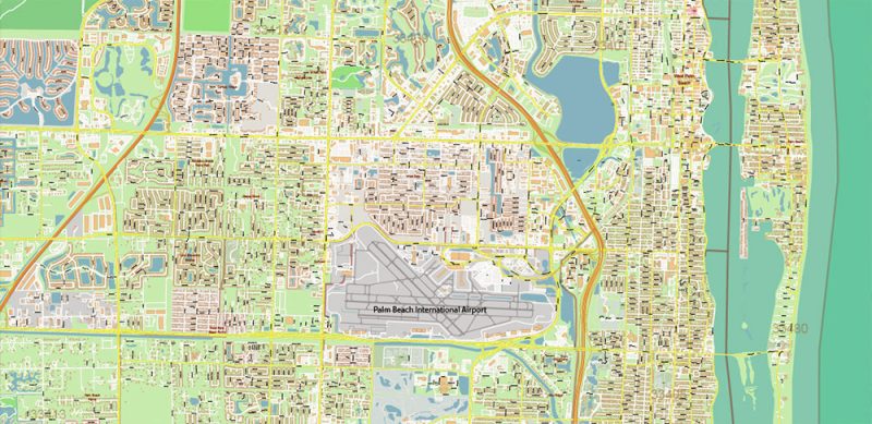 Palm Beach County Florida US Map Vector Extra High Detailed Street Map + zipcodes + counties areas, editable Adobe Illustrator in layers
