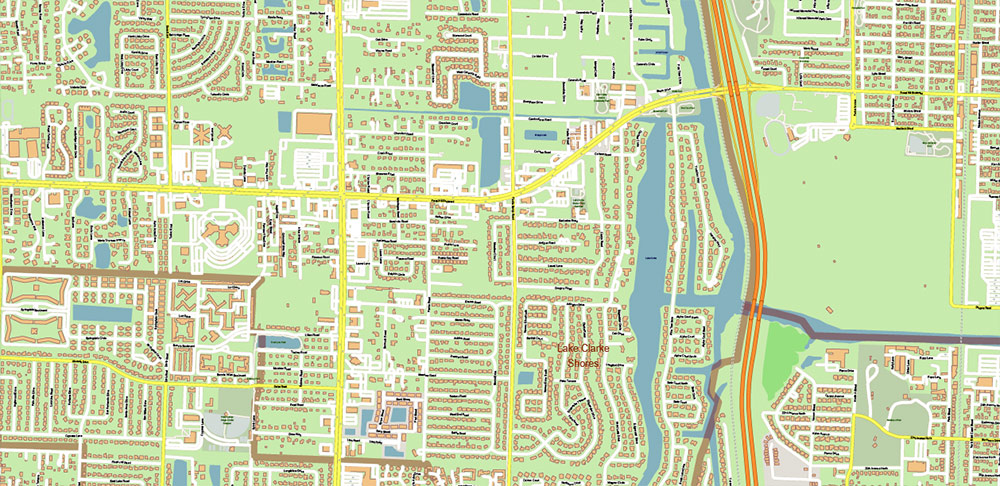 Palm Beach County Florida US PDF Vector Map: Extra High Detailed Street Map + zipcodes + counties areas, editable Adobe PDF in layers