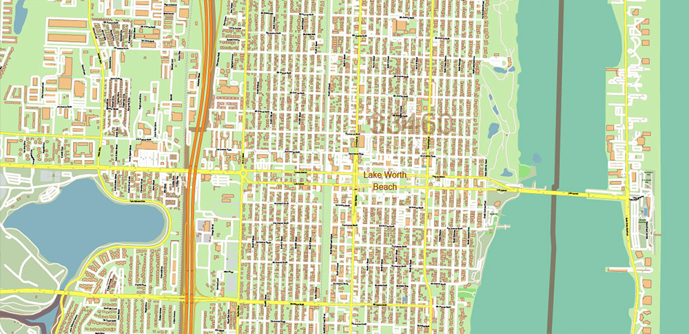 Palm Beach County Florida US Map Vector Extra High Detailed Street Map + zipcodes + counties areas, editable Adobe Illustrator in layers