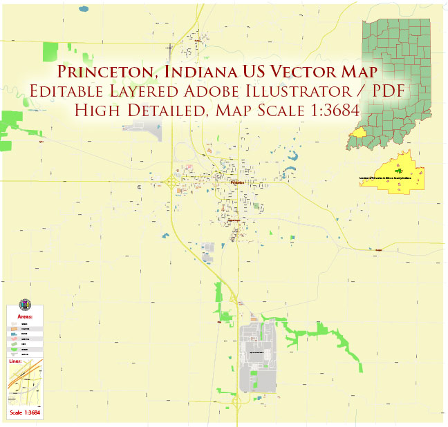 Princeton Indiana US PDF Vector Map: Extra High Detailed Street Map editable Adobe PDF in layers