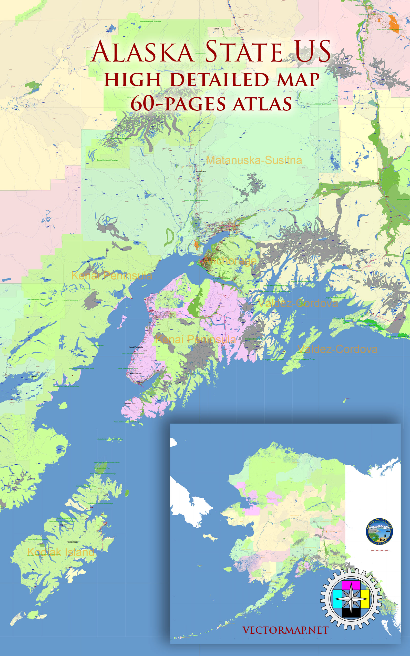 Alaska State US Tourist Map multi-page atlas, contains 60 pages vector PDF