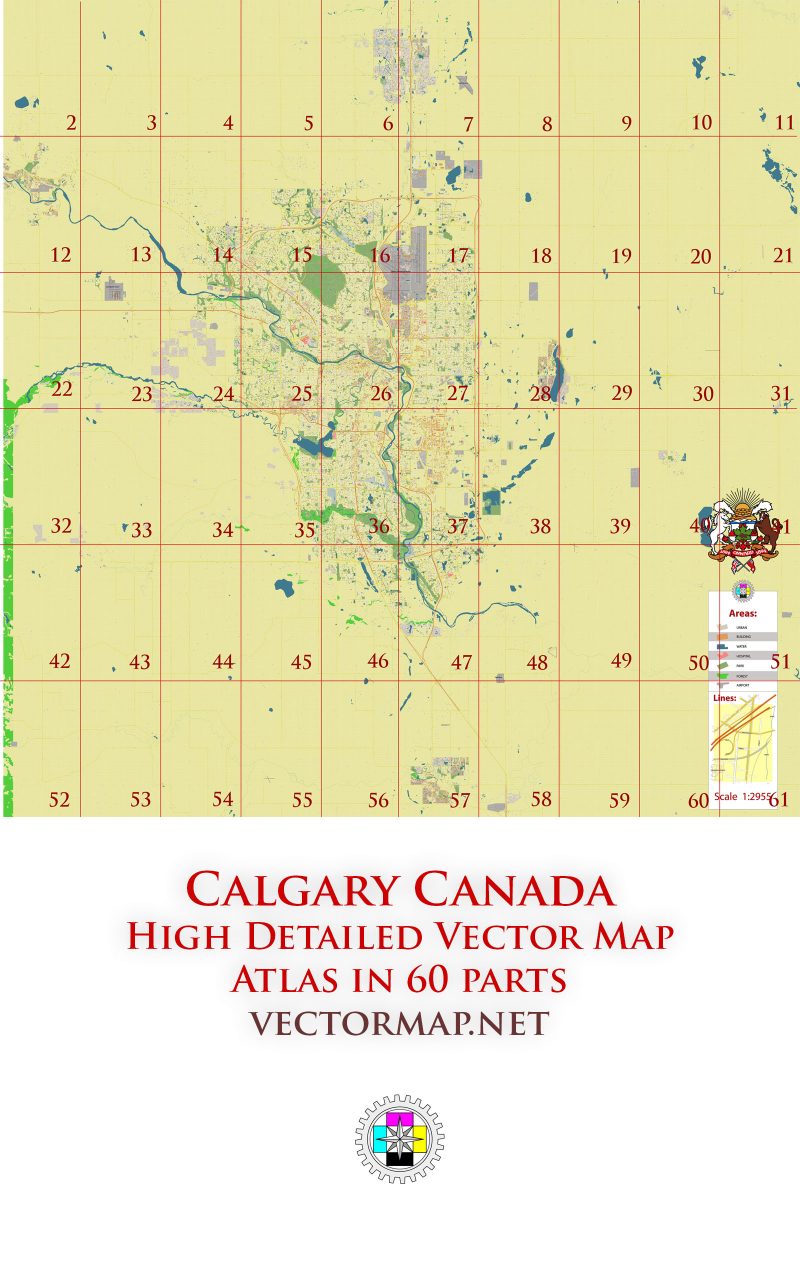 Calgary Canada Street Map Tourist Map multi-page atlas, contains 60 pages vector PDF