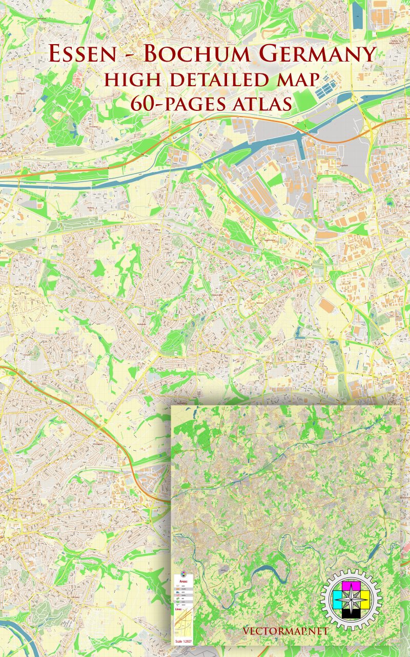 Essen - Bochum Germany Tourist Map multi-page atlas, contains 60 pages vector PDF