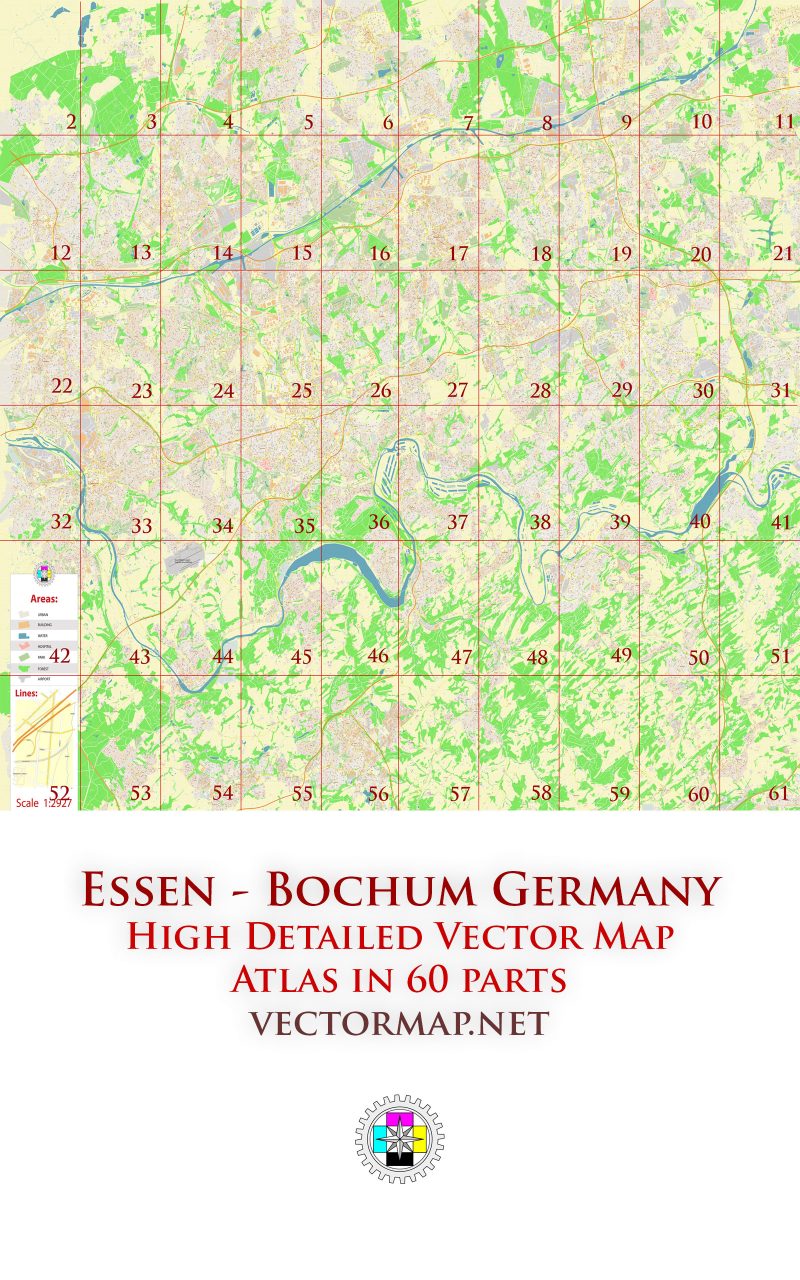 Essen - Bochum Germany Tourist Map multi-page atlas, contains 60 pages vector PDF