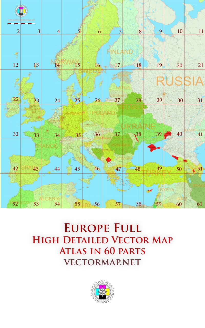 Europe Full Road Tourist Map multi-page atlas, contains 60 pages vector PDF