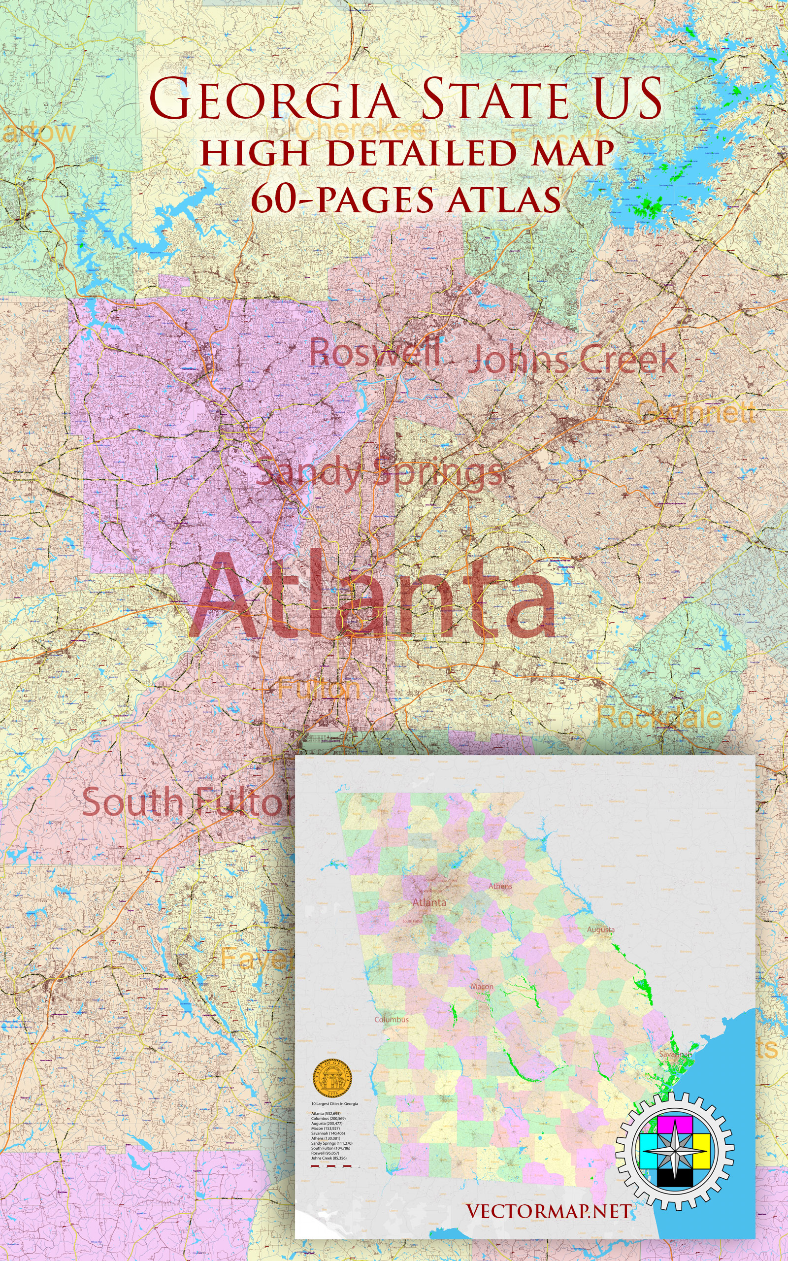 Georgia State US Tourist Map multi-page atlas, contains 60 pages vector PDF
