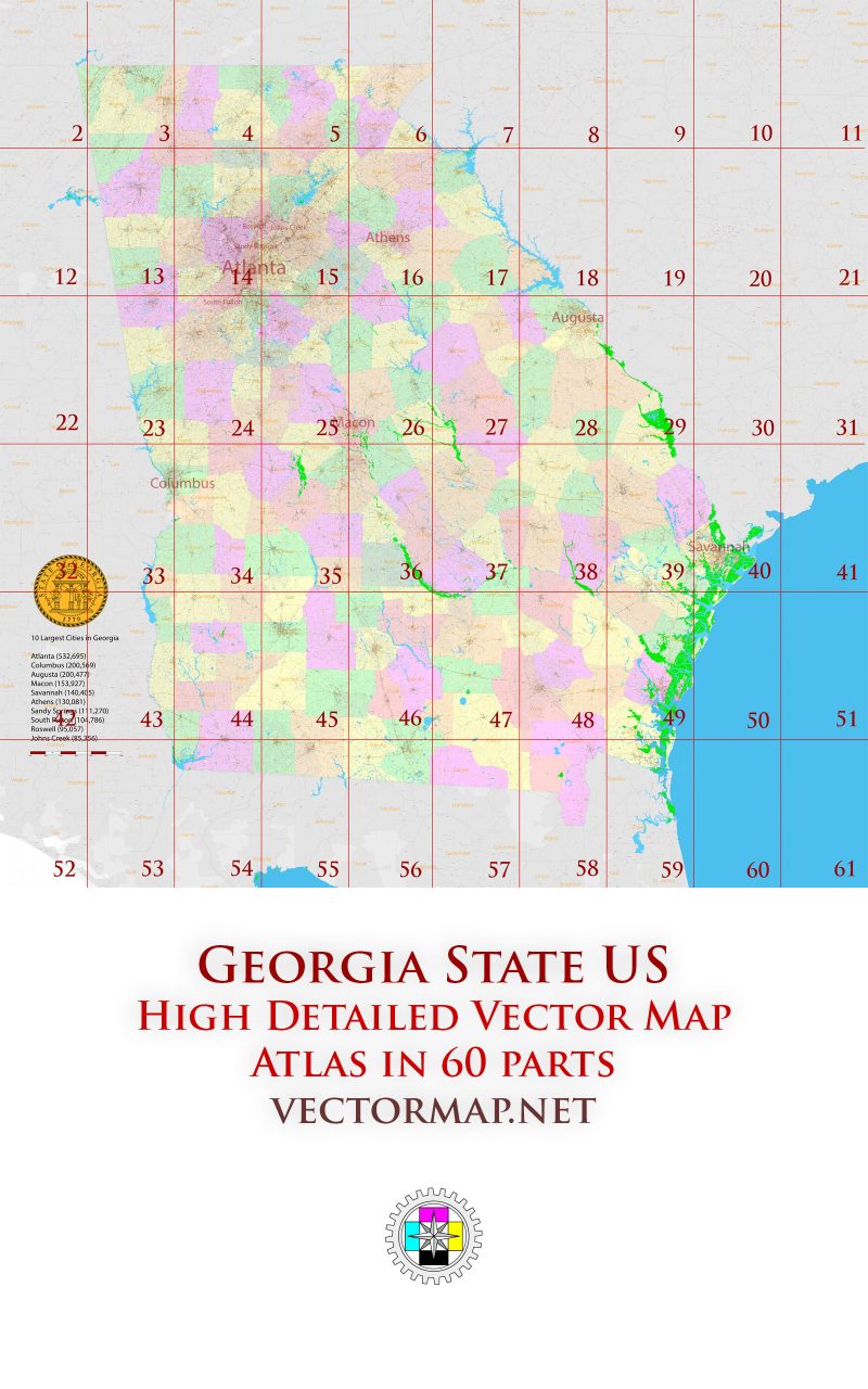 Georgia State US Tourist Map multi-page atlas, contains 60 pages vector PDF