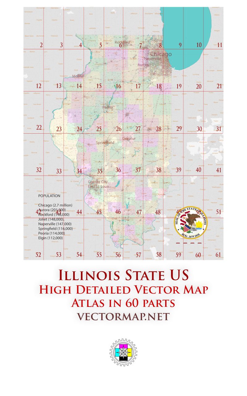 Illinois State US Tourist Map multi-page atlas, contains 60 pages vector PDF