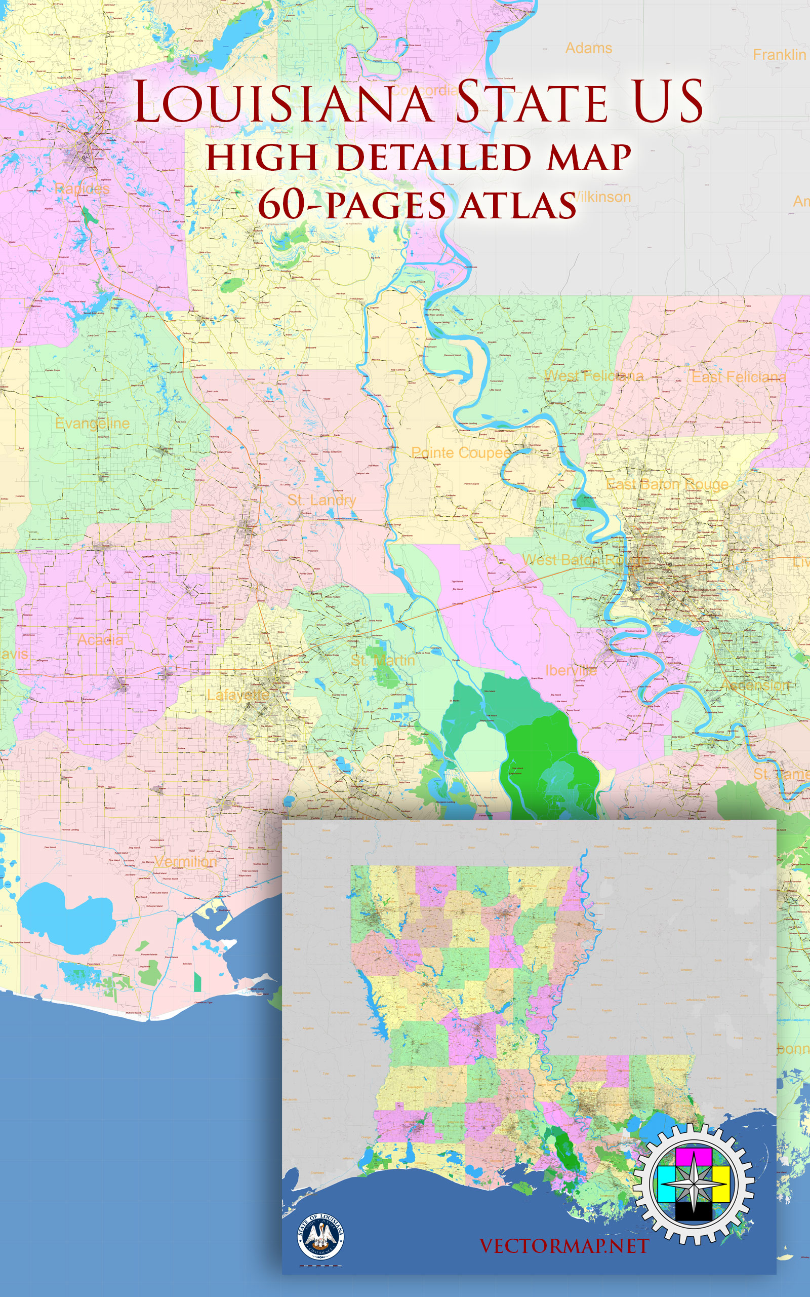 Louisiana State US Tourist Road Map multi-page atlas, contains 60 pages vector PDF