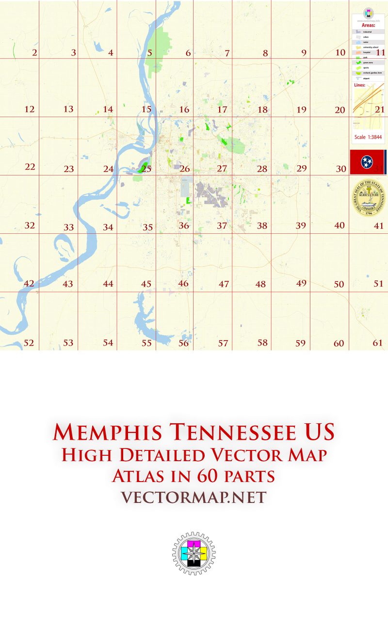Memphis Tennessee US Tourist Road Map multi-page atlas, contains 60 pages vector PDF