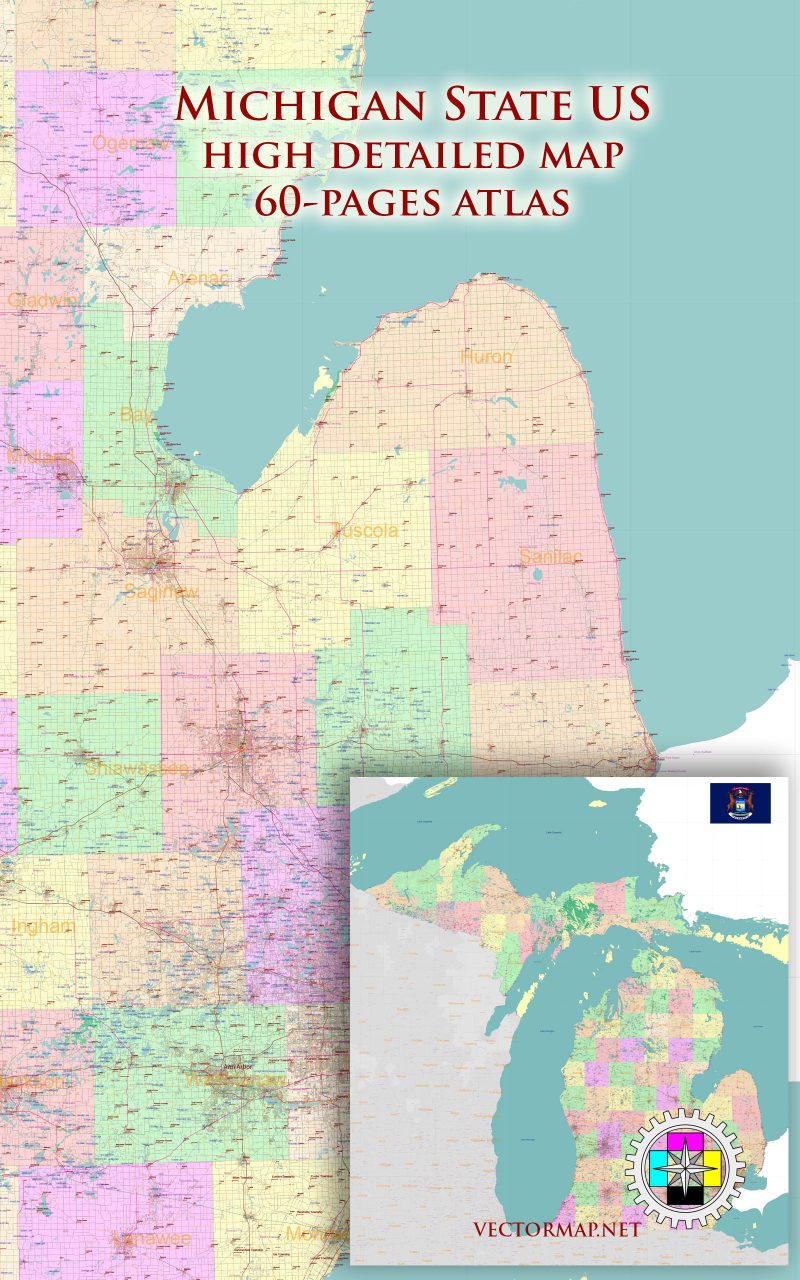 Michigan State US Tourist Road Map multi-page atlas, contains 60 pages vector PDF