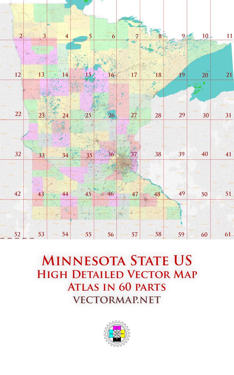 Minnesota State US Tourist Road Map multi-page atlas, contains 60 pages vector PDF