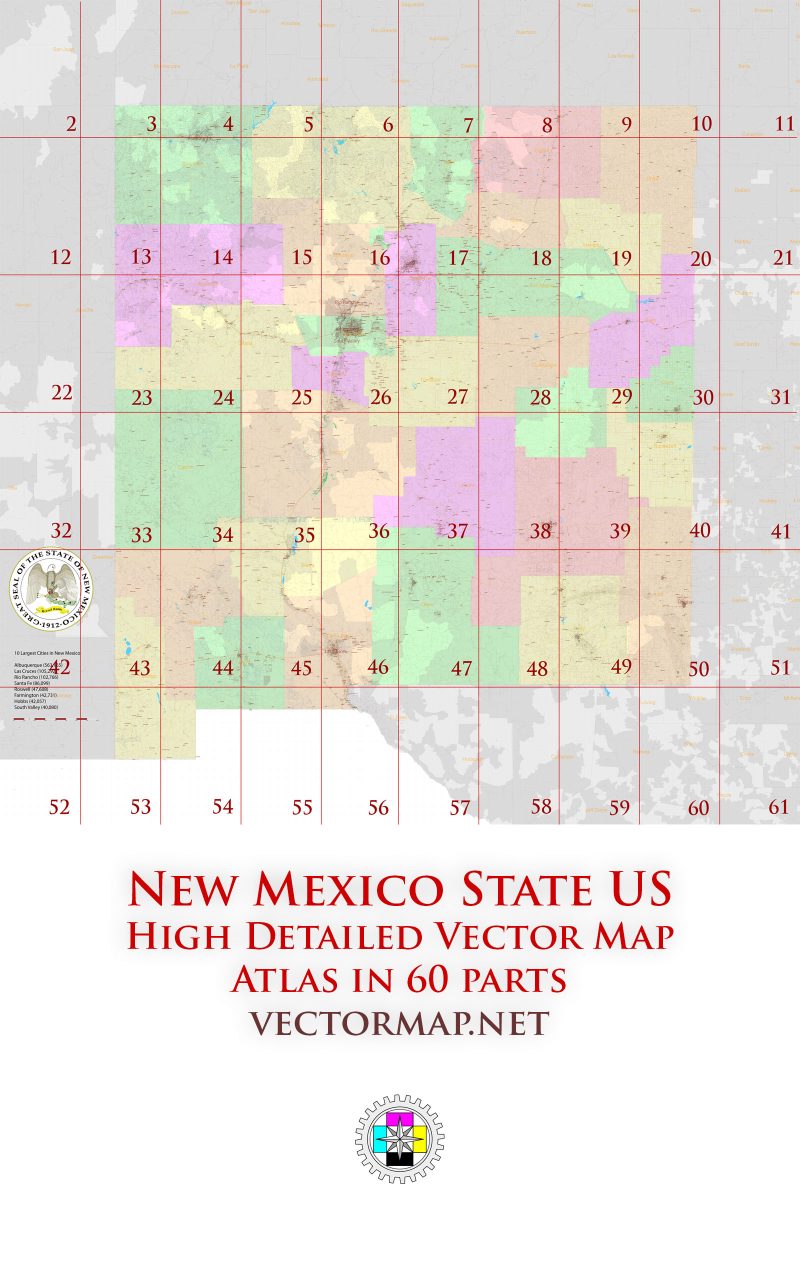 New Mexico State US Tourist Road Map multi-page atlas, contains 60 pages vector PDF