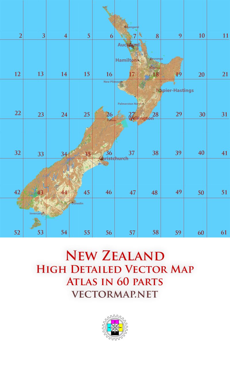 New Zealand Tourist Map multi-page atlas, contains 60 pages vector PDF