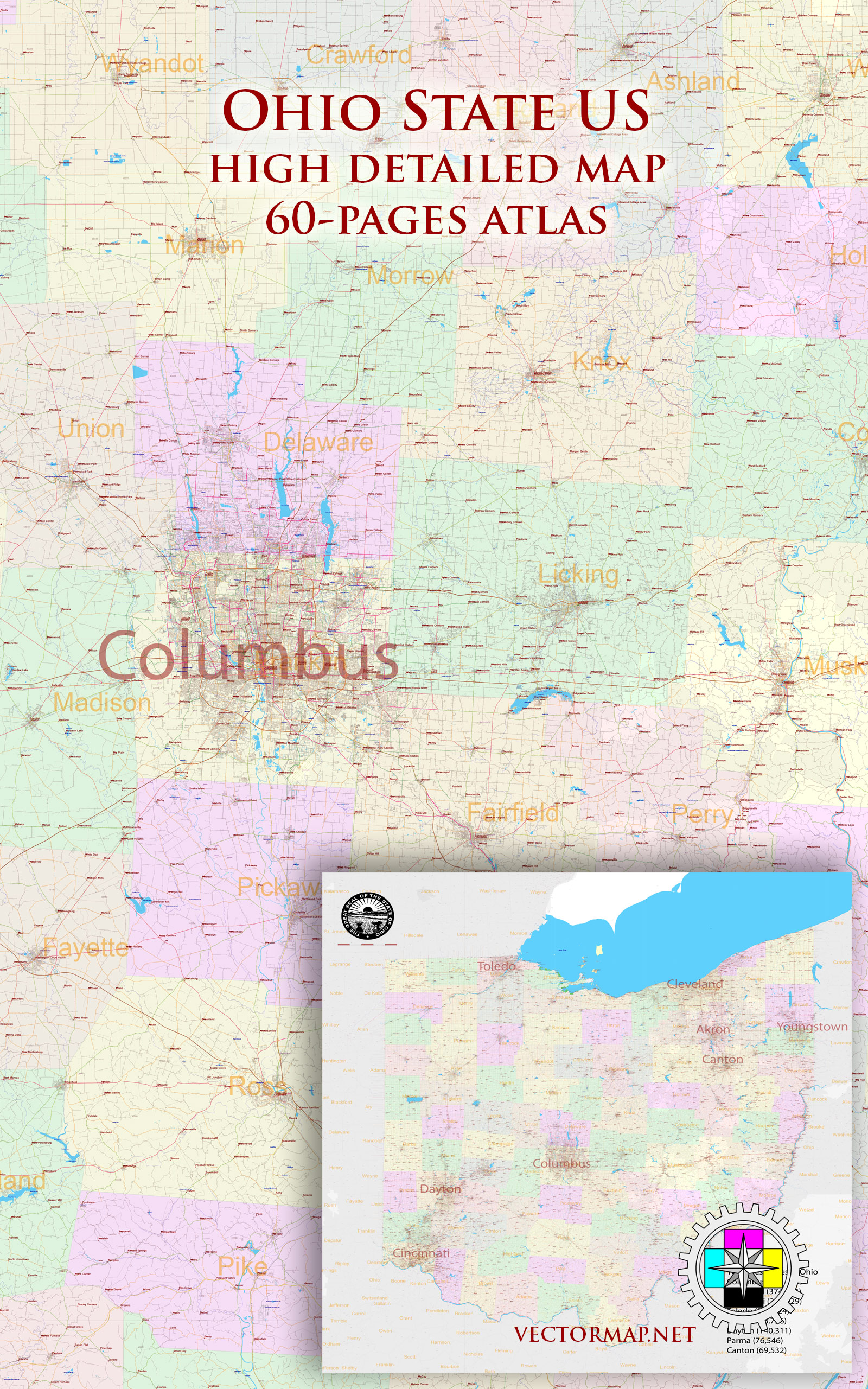 Ohio State US Tourist Road Map multi-page atlas, contains 60 pages vector PDF