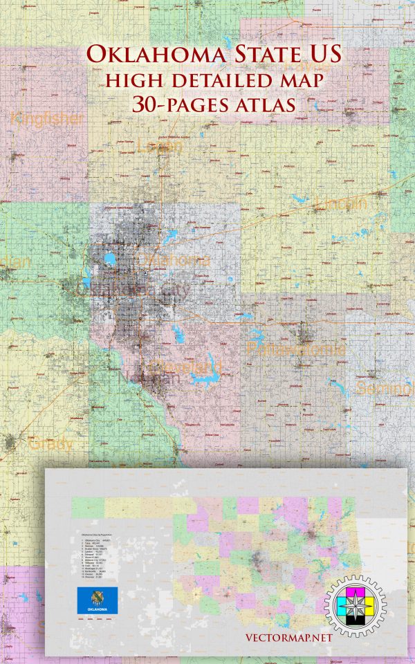 Oklahoma State US Tourist Road Map multi-page atlas, contains 30 pages vector PDF