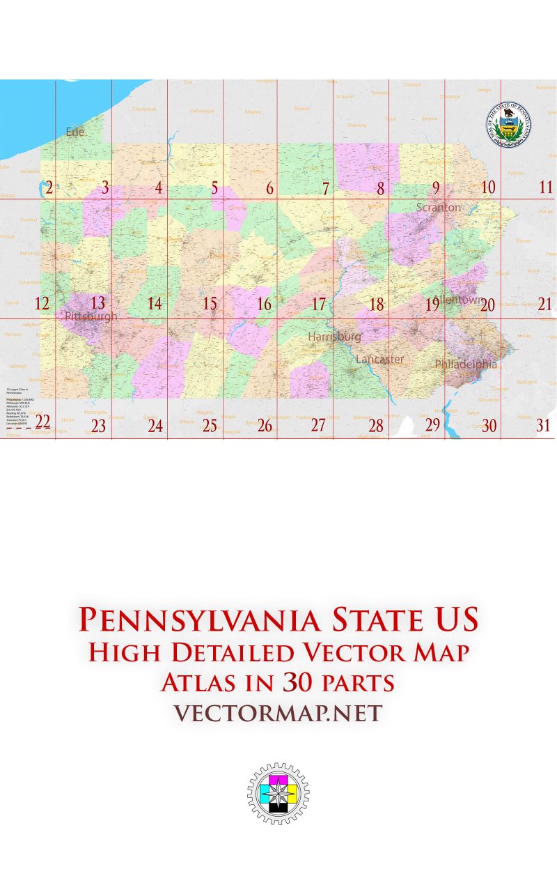 Pennsylvania State US Tourist Road Map multi-page atlas, contains 30 pages vector PDF