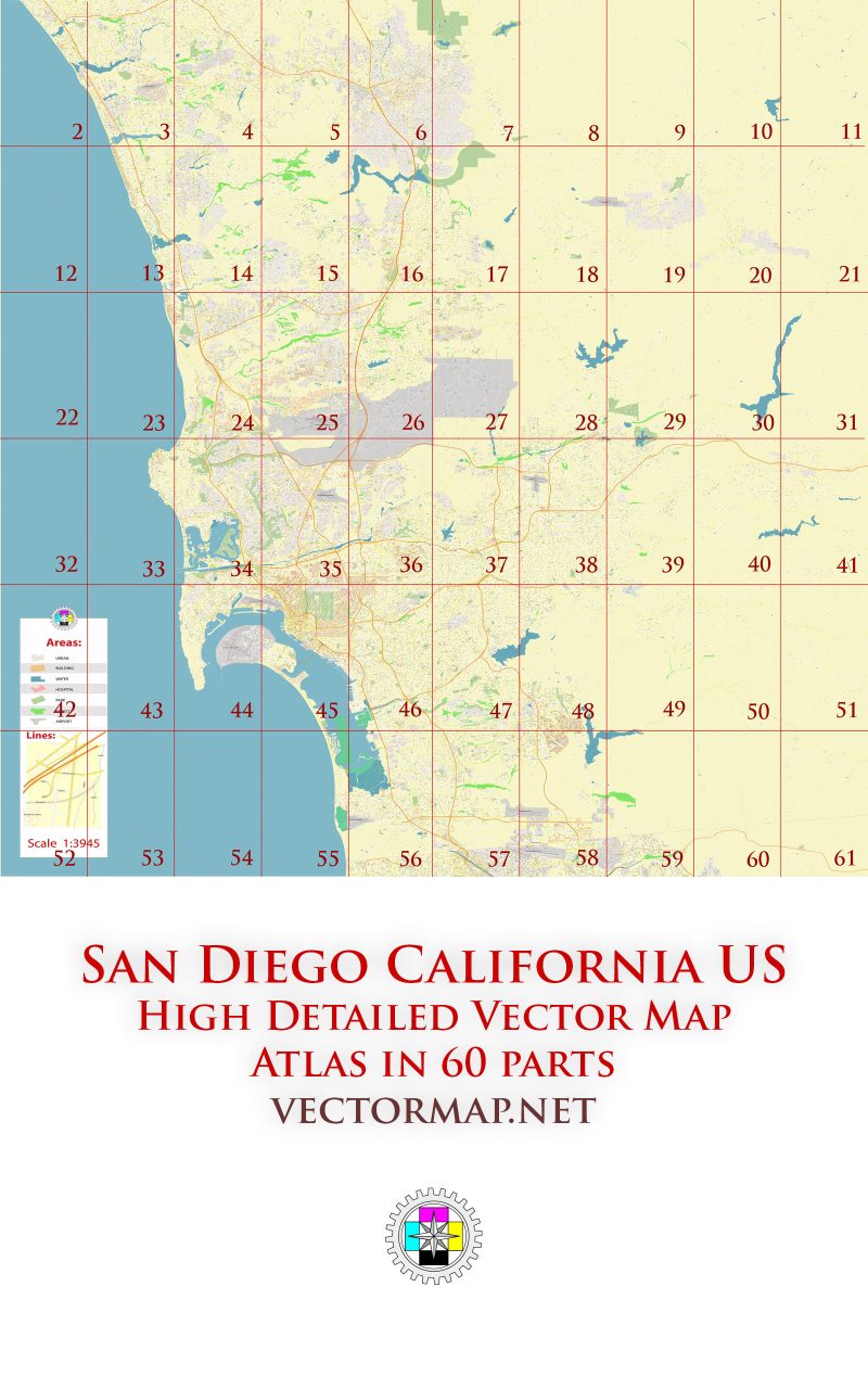 San Diego California US Tourist Road Map multi-page atlas, contains 60 pages vector PDF