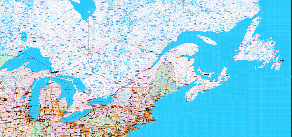 United States and Canada Vector Map main Roads Cities States Counties editable layered Adobe Illustrator