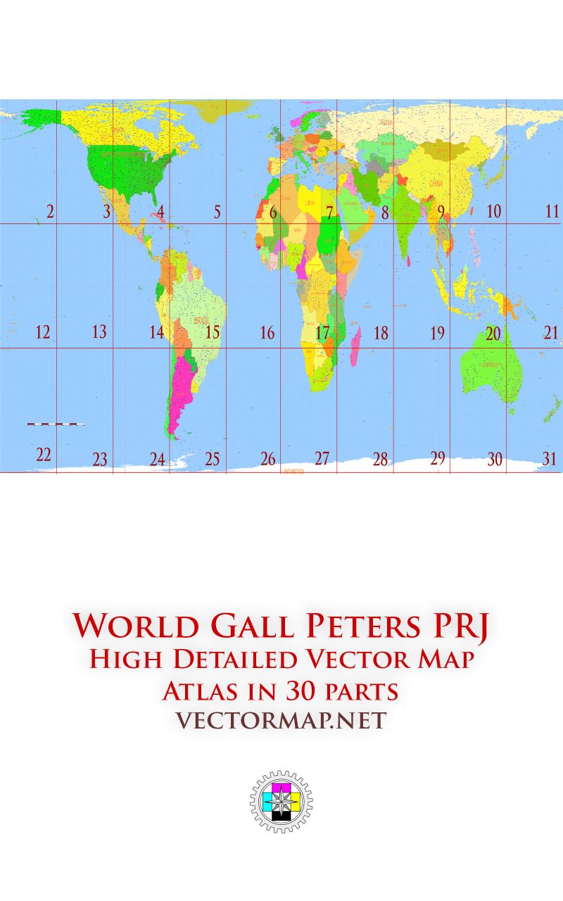 World Gall Peters Projection Detailed Road Map multi-page atlas, contains 30 pages vector PDF