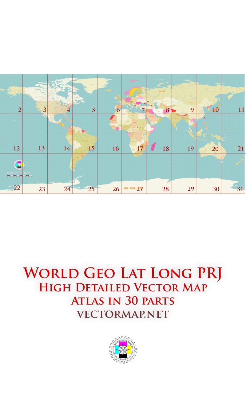 World Geo Lat Long Projection Detailed Road Map multi-page atlas, contains 30 pages vector PDF