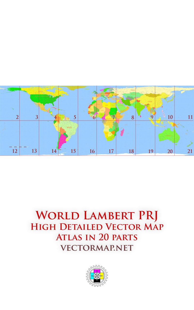 World Lambert Projection Detailed Road Map multi-page atlas, contains 20 pages vector PDF