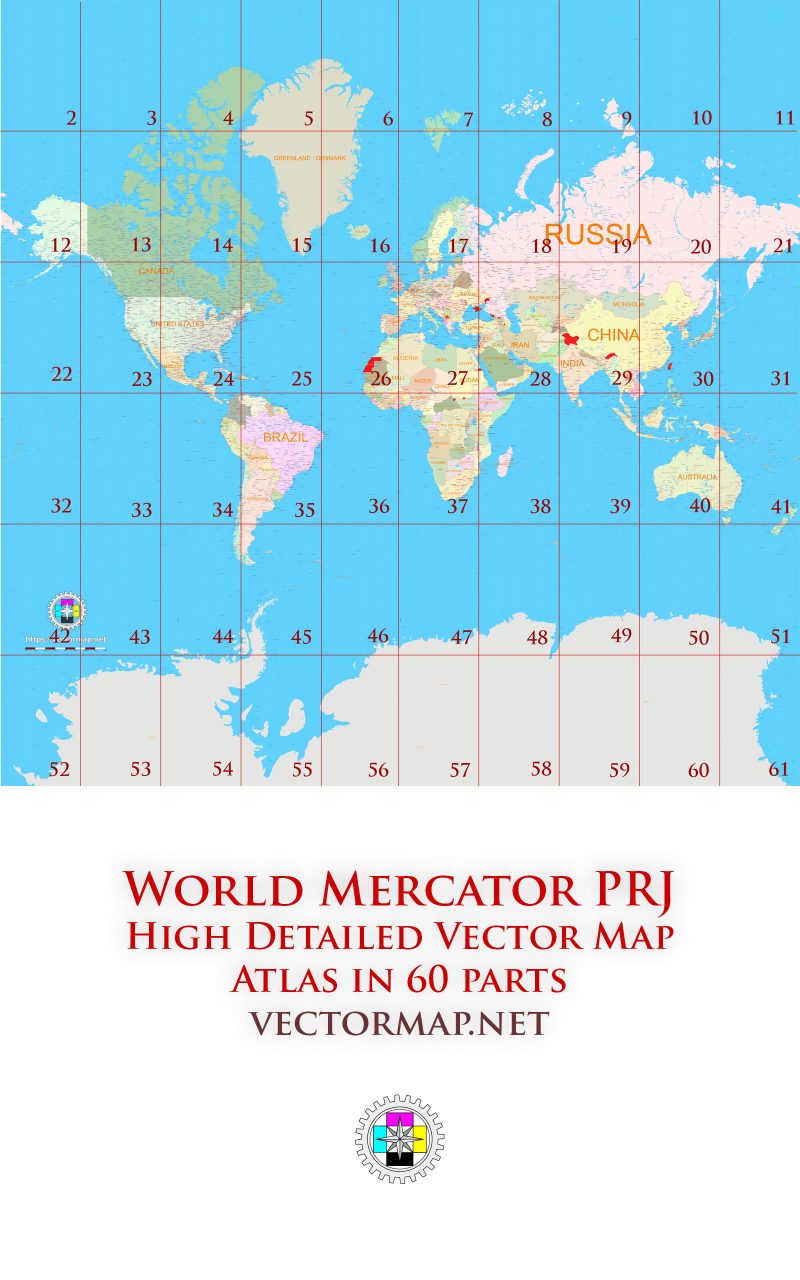 World Mercator Projection Detailed Road Map multi-page atlas, contains 60 pages vector PDF