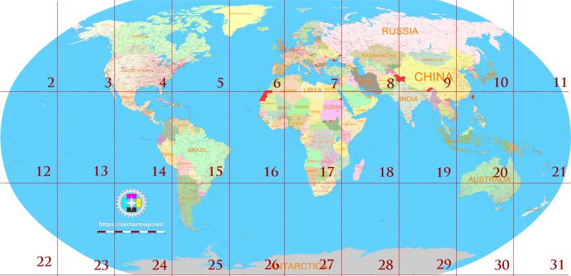 World Robinson Projection Detailed Road Map multi-page atlas, contains 30 pages vector PDF