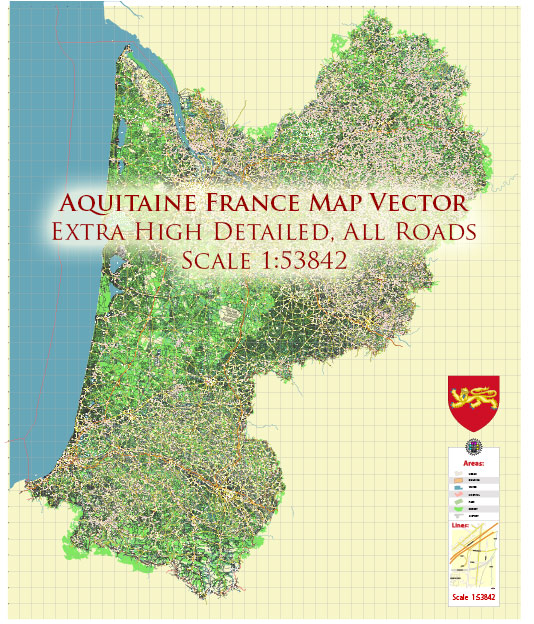 Aquitaine France Vector Map exact extra detailed All Roads Cities Towns map editable Layered Adobe Illustrator