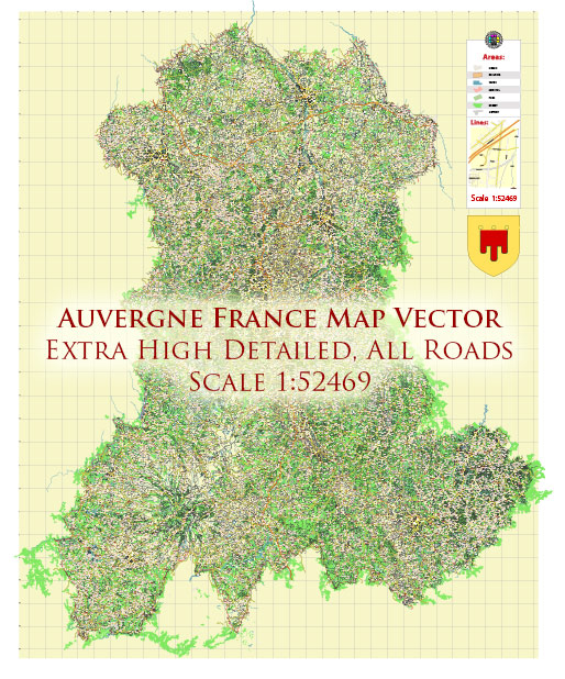 Auvergne France Vector Map exact extra detailed All Roads Cities Towns map editable Layered Adobe Illustrator