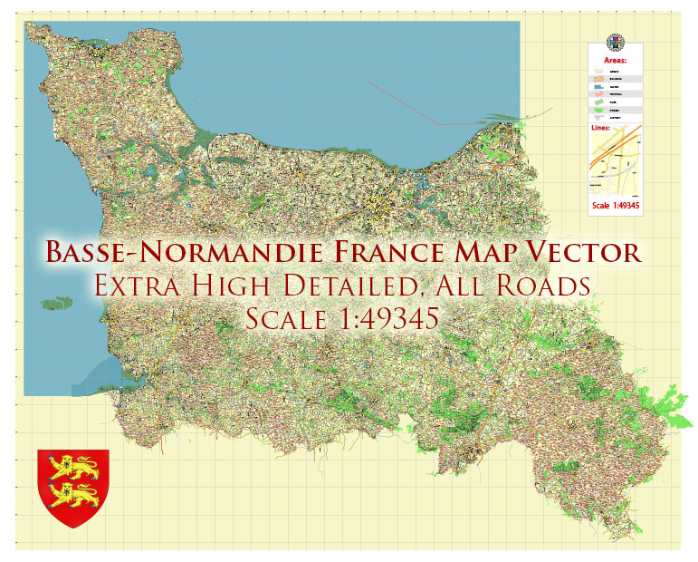 Basse-Normandie France PDF Vector Map exact extra detailed All Roads Cities Towns map editable Layered Adobe PDF