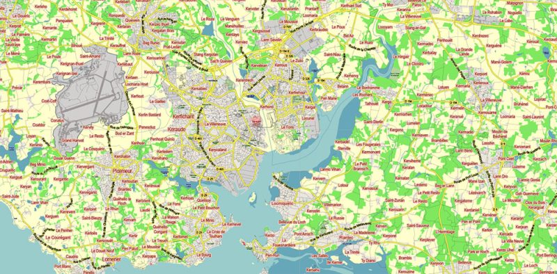Bretagne France Vector Map exact extra detailed All Roads Cities Towns map editable Layered Adobe Illustrator