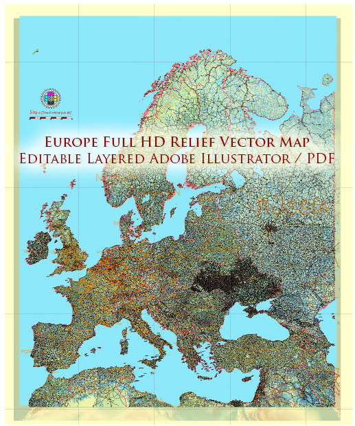 Europe Mercator Projection Political + Relief Vector Map High detailed fully editable, Adobe Illustrator
