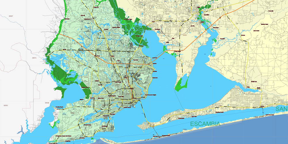 Florida State Vector Map exact extra detailed All Roads Cities Counties Zipcodes map editable Layered Adobe Illustrator