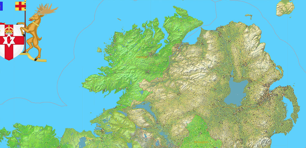 Ireland Full High Detailed PDF Vector Map All Roads + Relief Editable Layered Adobe PDF