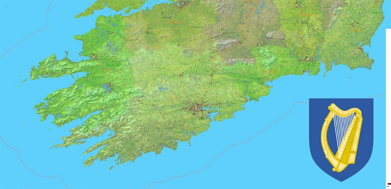 Ireland Full High Detailed Vector Map All Roads + Relief Editable Layered Adobe Illustrator