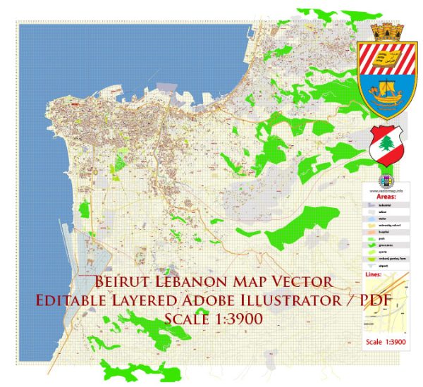 Beirut Lebanon Vector Map 1971 high detailed layered Adobe Illustrator
