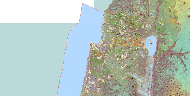 Israel Extra High Detailed vector map - admin aread, roads, relief, topo isolines Adobe Illustrator