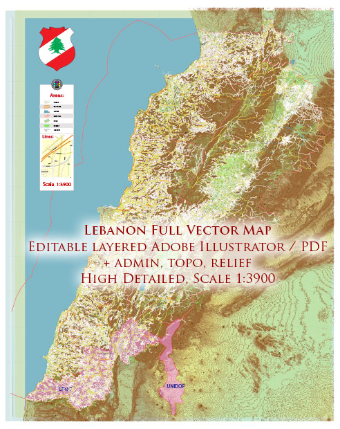 Lebanon Extra High Detailed vector map - admin aread, roads, relief, topo isolines Adobe Illustrator