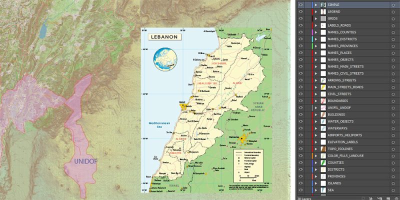 Lebanon Extra High Detailed vector map - admin aread, roads, relief, topo isolines Adobe Illustrator