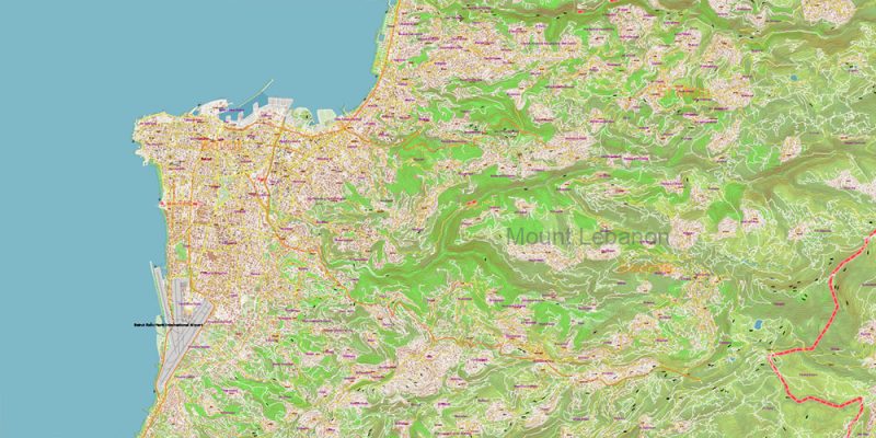 Lebanon Extra High Detailed vector map - admin aread, roads, relief, topo isolines Adobe Illustrator