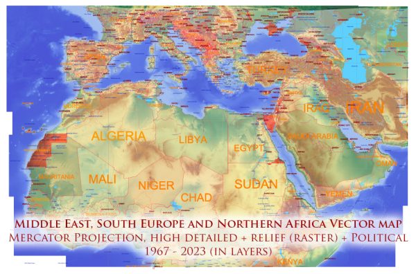 Middle East + South Europe + Northern Africa Vector Map Political + Relief (raster) + disputed territories 1967 - 2023 Adobe Illustrator