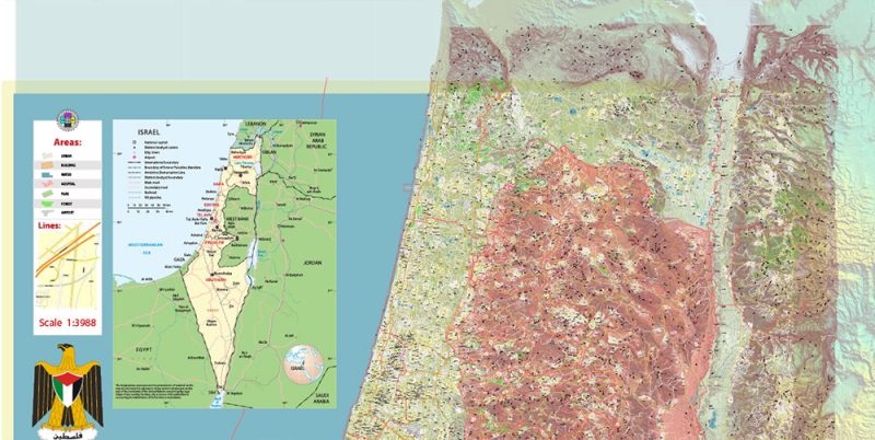Palestine Extra High Detailed vector map - admin aread, roads, relief, topo isolines Adobe Illustrator