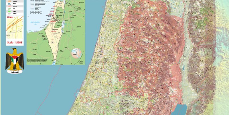 Palestine Extra High Detailed vector map - admin aread, roads, relief, topo isolines Adobe Illustrator
